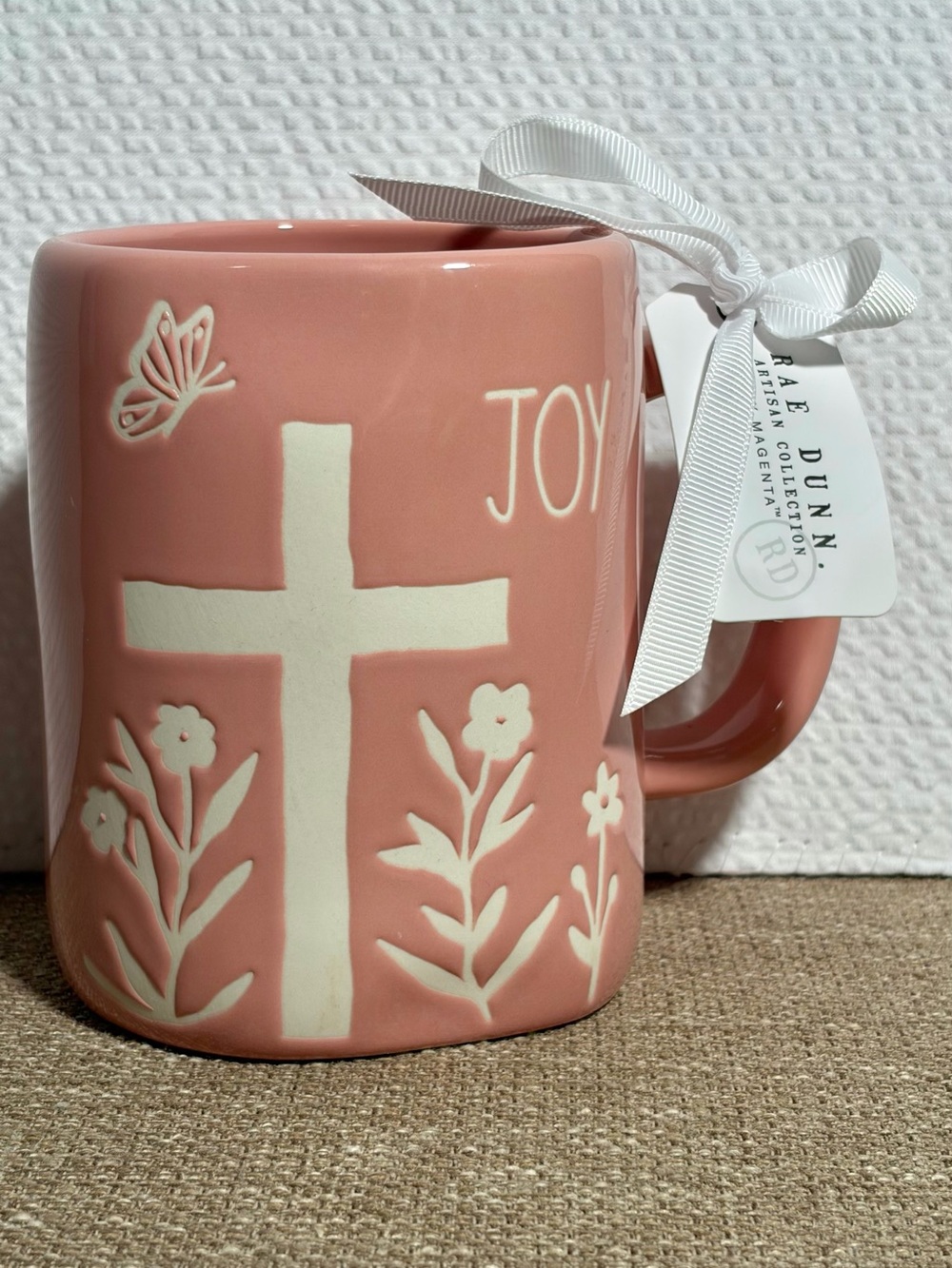 Rae Dunn Pink 'JOY' Cross Floral Ceramic Mug